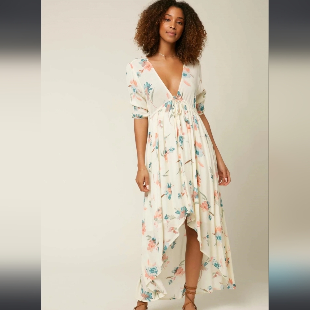 O'Neill Cream Floral High-Low Dress with Blue & Coral Accents